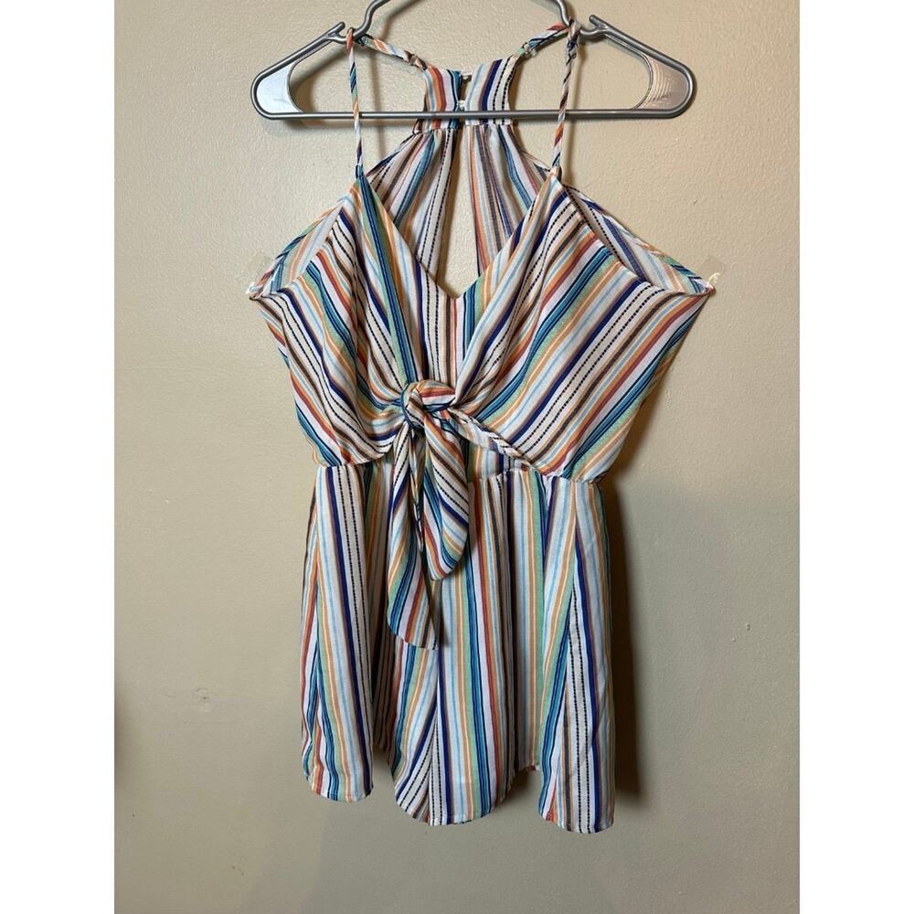 MUSTARD SEED XS Buckle Romper Stripes V-Neck Lined Sleeveless Zipper Tie Front